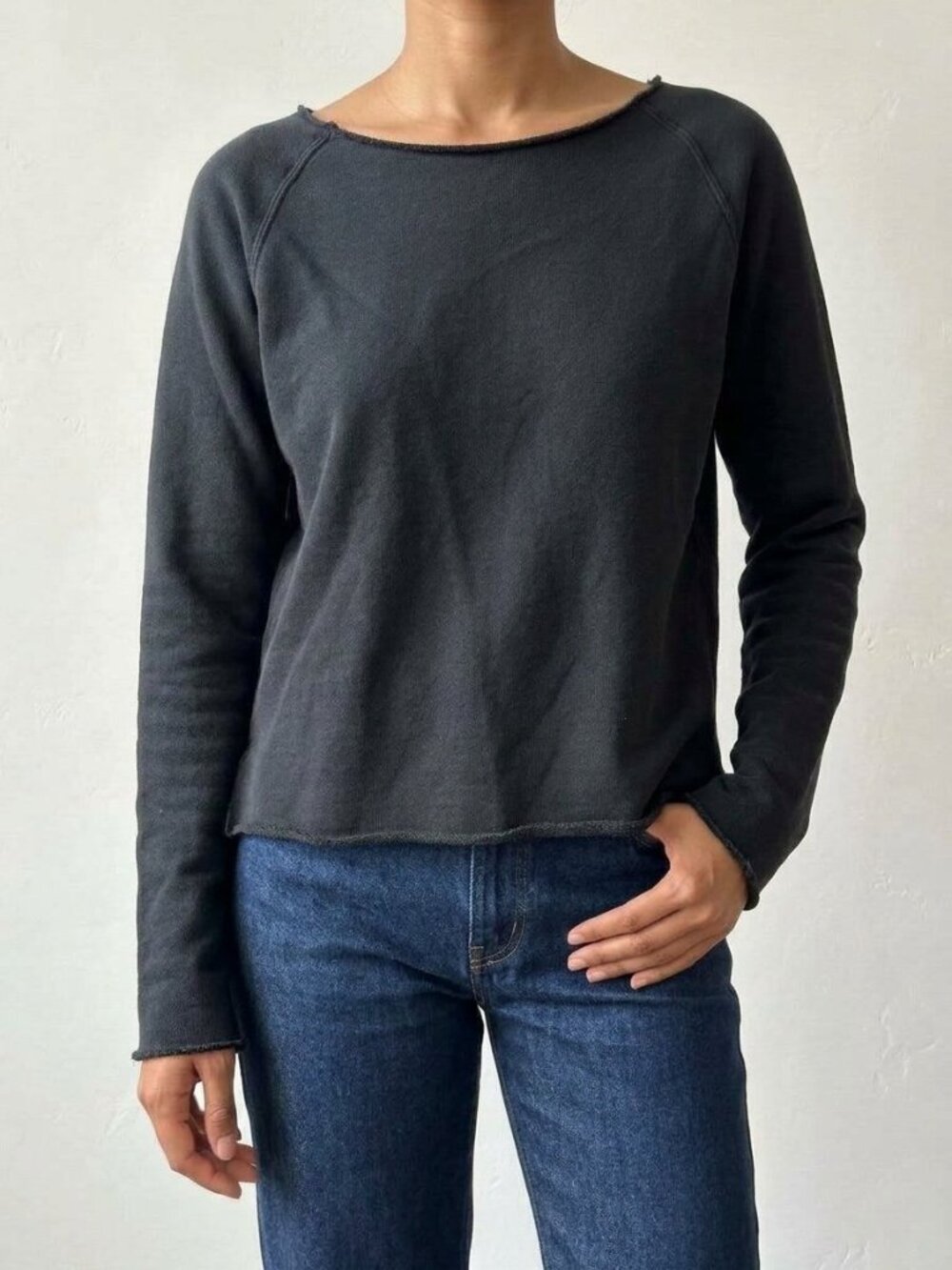 Helmut Lang Black Raw Edge Boatneck Sweatshirt Side Slits 100% Cotton | Size S